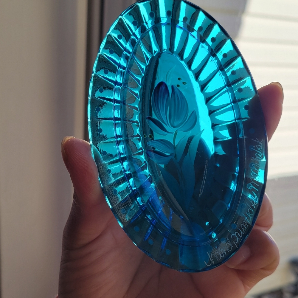 Vintage Fenton Art Glass USA Oval Turquoise Blue Color Hand Painted Floral RARE - Picture 13 of 13